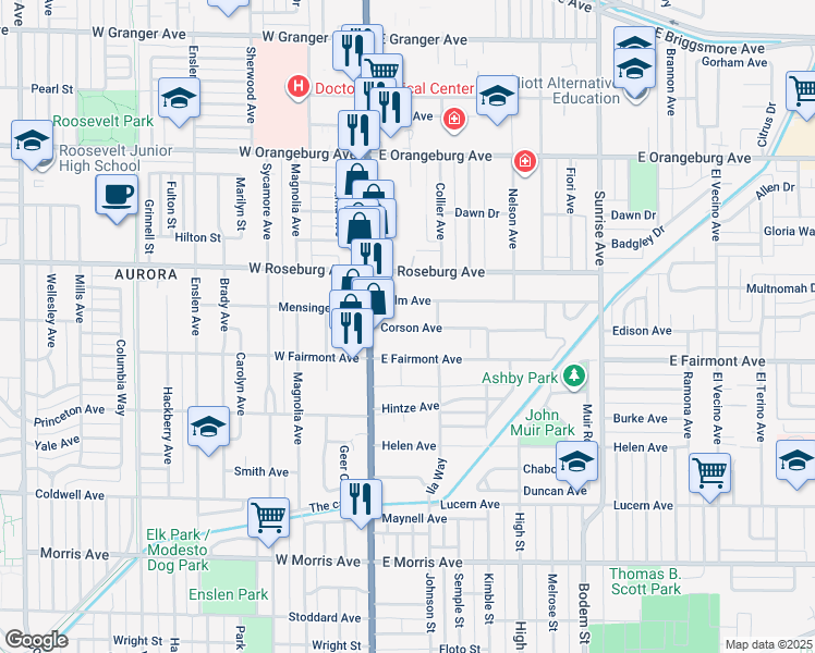 map of restaurants, bars, coffee shops, grocery stores, and more near 112 Palm Avenue in Modesto
