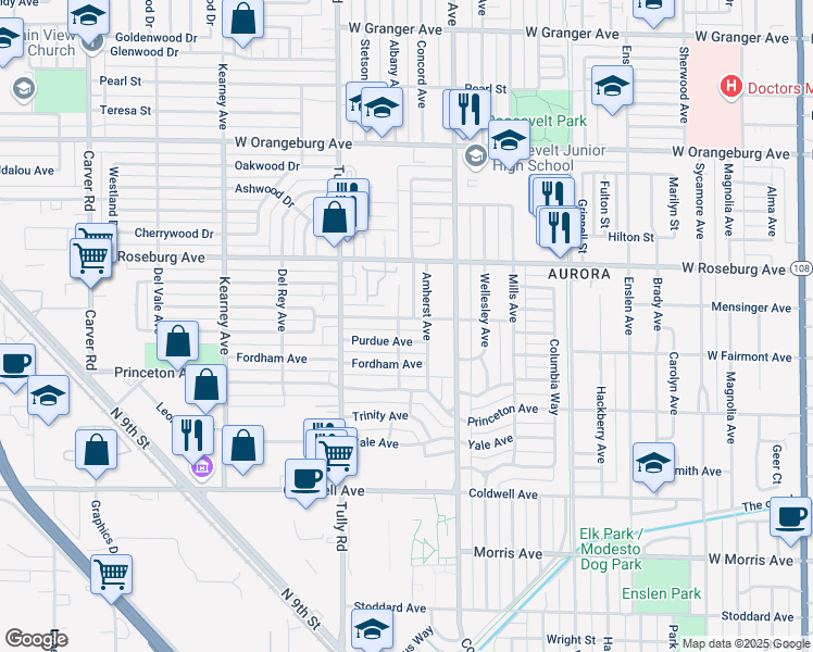 map of restaurants, bars, coffee shops, grocery stores, and more near 1106 Notre Dame Avenue in Modesto