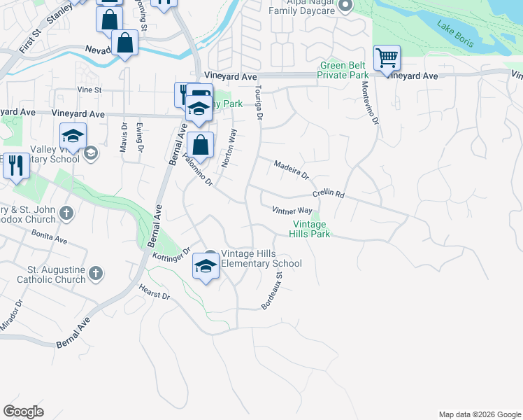 map of restaurants, bars, coffee shops, grocery stores, and more near 1376 Vintner Way in Pleasanton