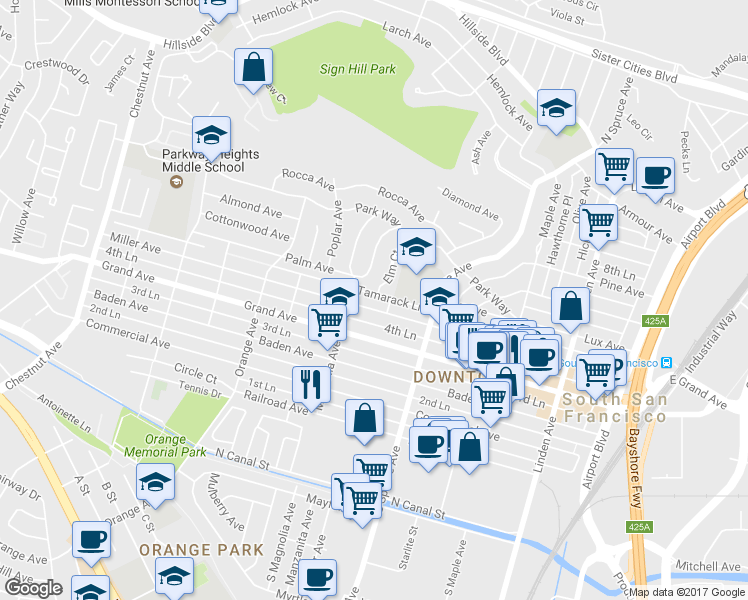 map of restaurants, bars, coffee shops, grocery stores, and more near 505 Elm Court in South San Francisco