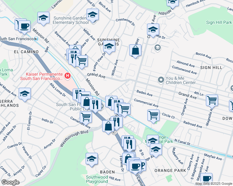 map of restaurants, bars, coffee shops, grocery stores, and more near 99 Oak Avenue in South San Francisco