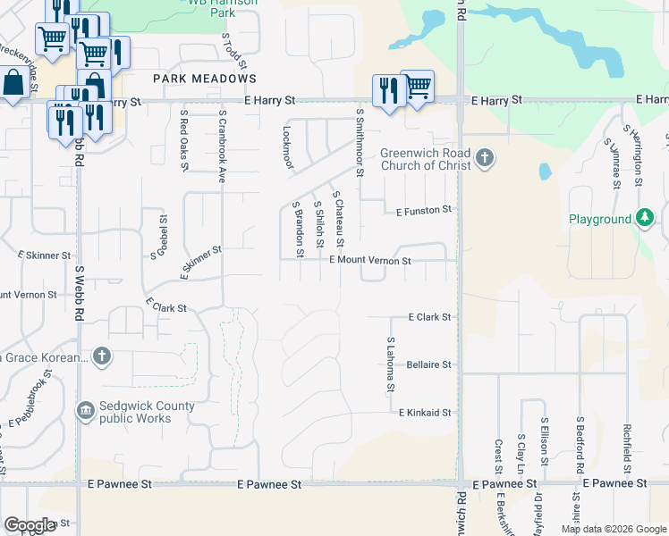 map of restaurants, bars, coffee shops, grocery stores, and more near 1914 South Chateau Street in Wichita