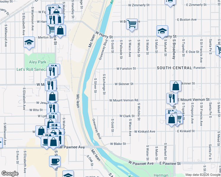 map of restaurants, bars, coffee shops, grocery stores, and more near 1848 South Exchange Street in Wichita