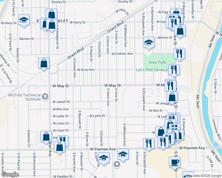 map of restaurants, bars, coffee shops, grocery stores, and more near 1956 South Glenn Avenue in Wichita