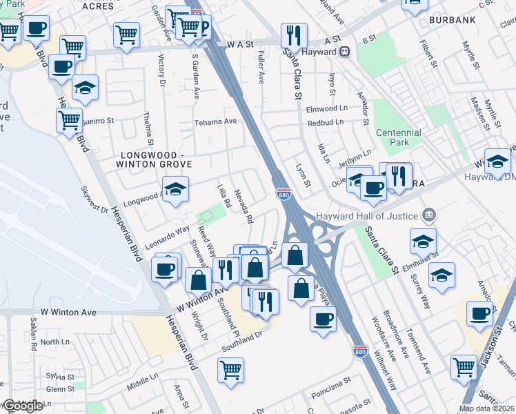 map of restaurants, bars, coffee shops, grocery stores, and more near 23393 Klamath Road in Hayward
