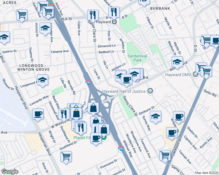 map of restaurants, bars, coffee shops, grocery stores, and more near 424 Craven Court in Hayward