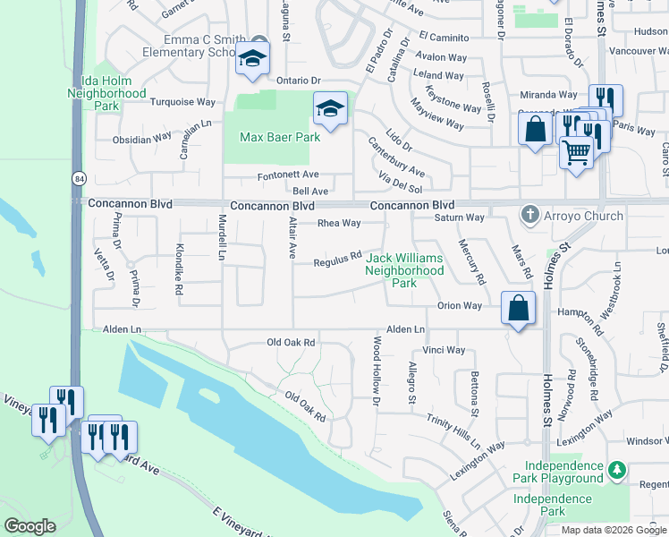 map of restaurants, bars, coffee shops, grocery stores, and more near 549 Regulus Road in Livermore