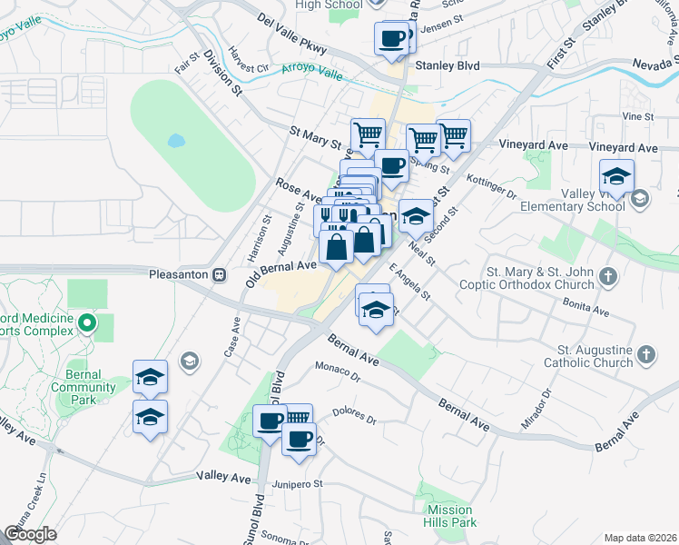 map of restaurants, bars, coffee shops, grocery stores, and more near 337 Main Street in Pleasanton