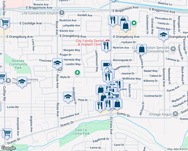 map of restaurants, bars, coffee shops, grocery stores, and more near 2025 Wylie Drive in Modesto