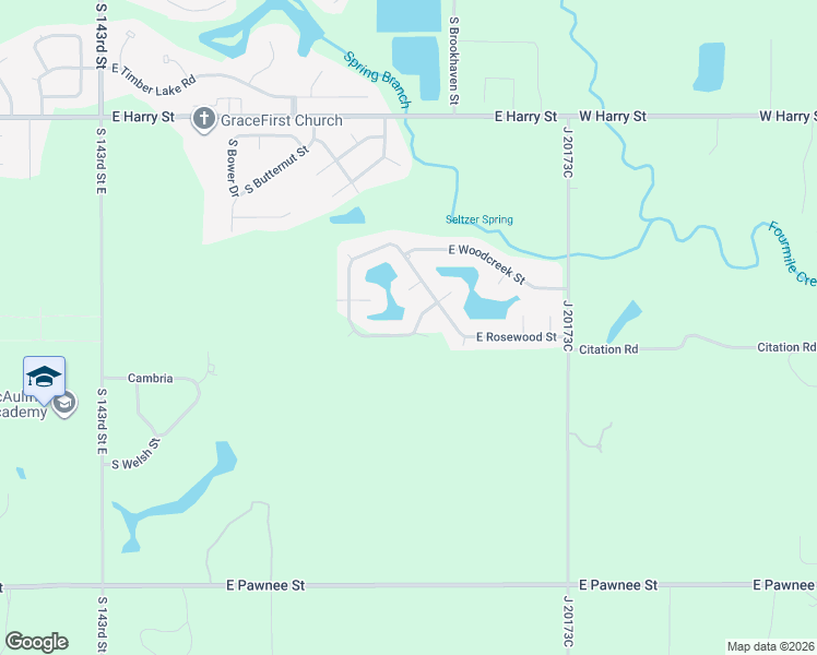 map of restaurants, bars, coffee shops, grocery stores, and more near 15425 East Rosewood Court in Wichita