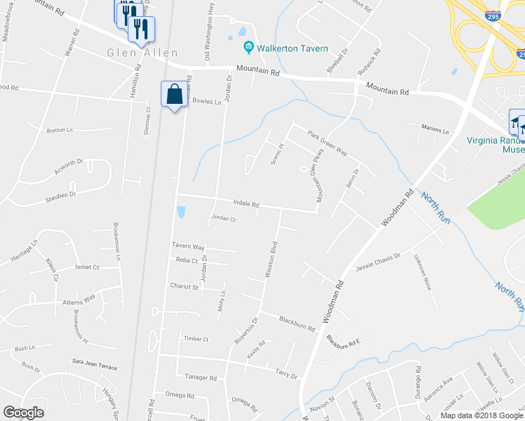 map of restaurants, bars, coffee shops, grocery stores, and more near 2607 Indale Road in Glen Allen