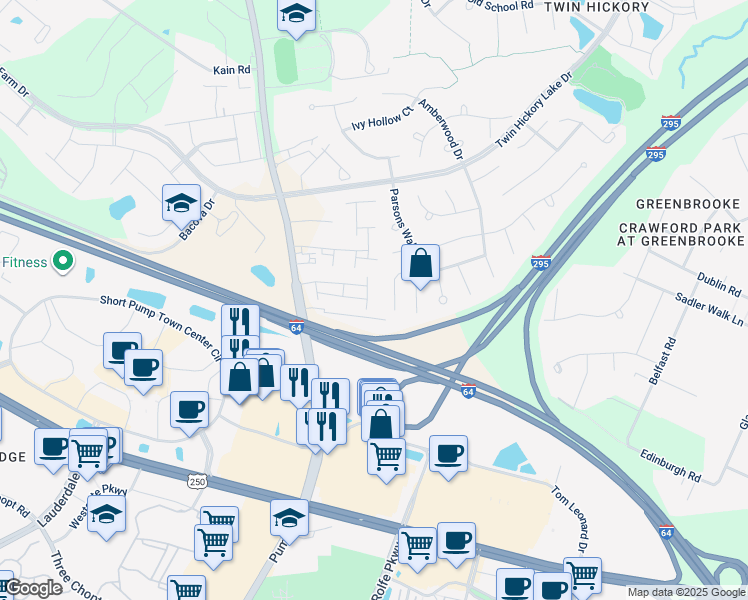 map of restaurants, bars, coffee shops, grocery stores, and more near 4707 Brydes Lane in Glen Allen