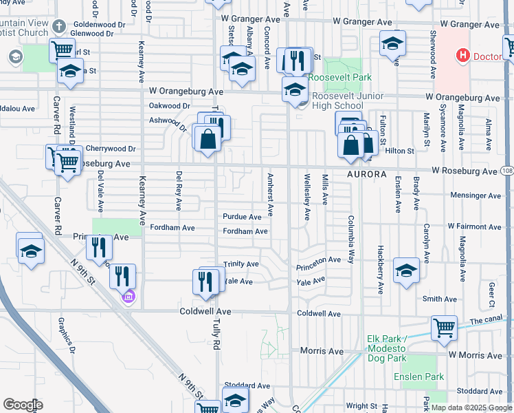 map of restaurants, bars, coffee shops, grocery stores, and more near 1106 Notre Dame Avenue in Modesto