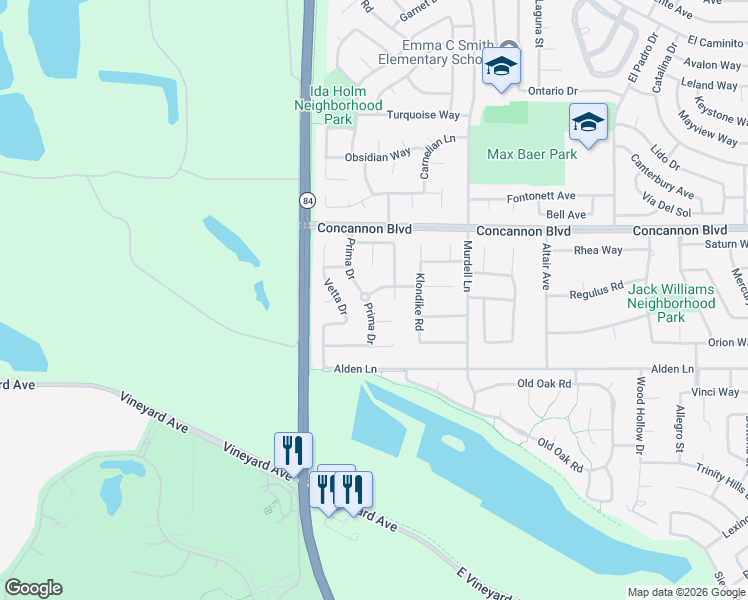 map of restaurants, bars, coffee shops, grocery stores, and more near 101 Acorn Way in Livermore