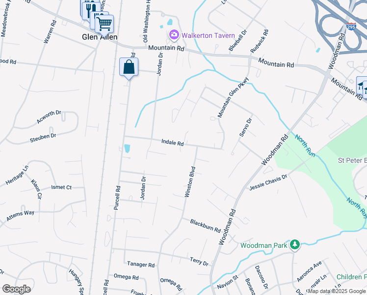 map of restaurants, bars, coffee shops, grocery stores, and more near 2607 Indale Road in Glen Allen