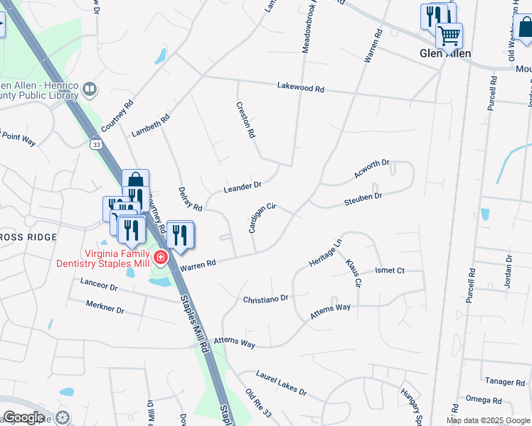 map of restaurants, bars, coffee shops, grocery stores, and more near 10315 Cardigan Circle in Glen Allen