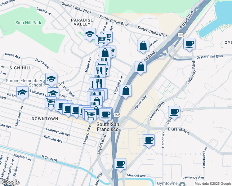 map of restaurants, bars, coffee shops, grocery stores, and more near 717 Airport Boulevard in South San Francisco