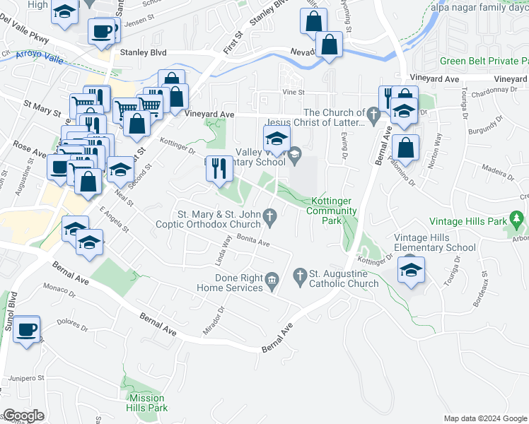 map of restaurants, bars, coffee shops, grocery stores, and more near 4253 Mirador Drive in Pleasanton