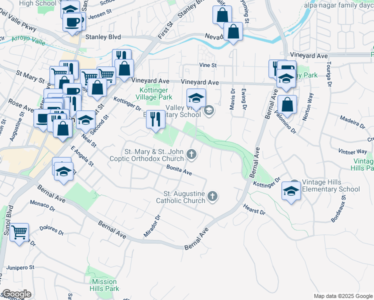 map of restaurants, bars, coffee shops, grocery stores, and more near 4253 Mirador Drive in Pleasanton