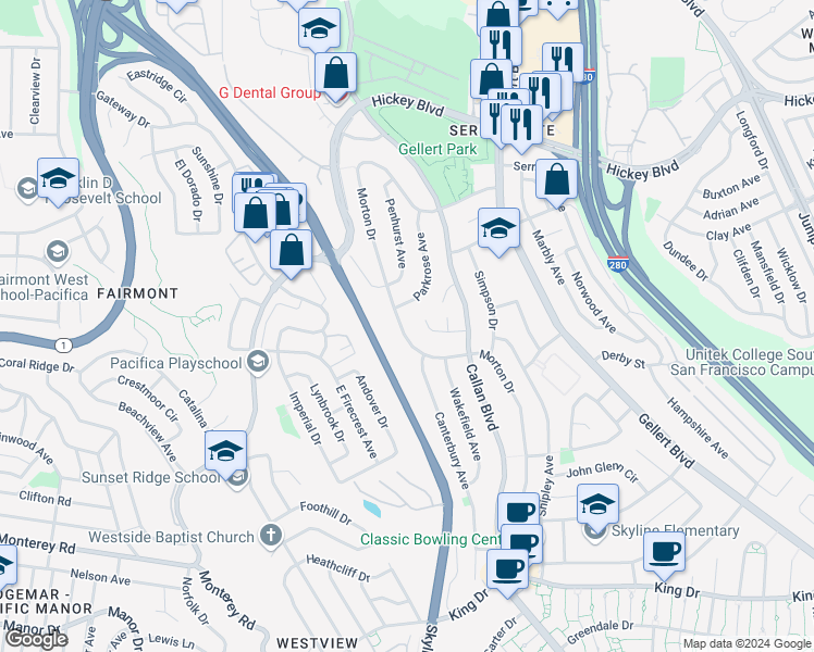 map of restaurants, bars, coffee shops, grocery stores, and more near 145 Morton Drive in Daly City