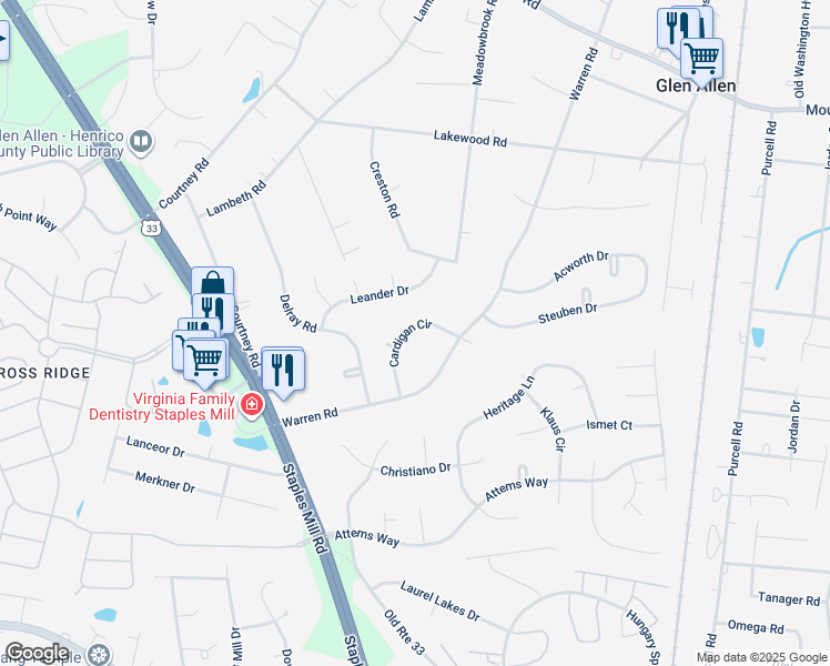 map of restaurants, bars, coffee shops, grocery stores, and more near 10315 Cardigan Circle in Glen Allen