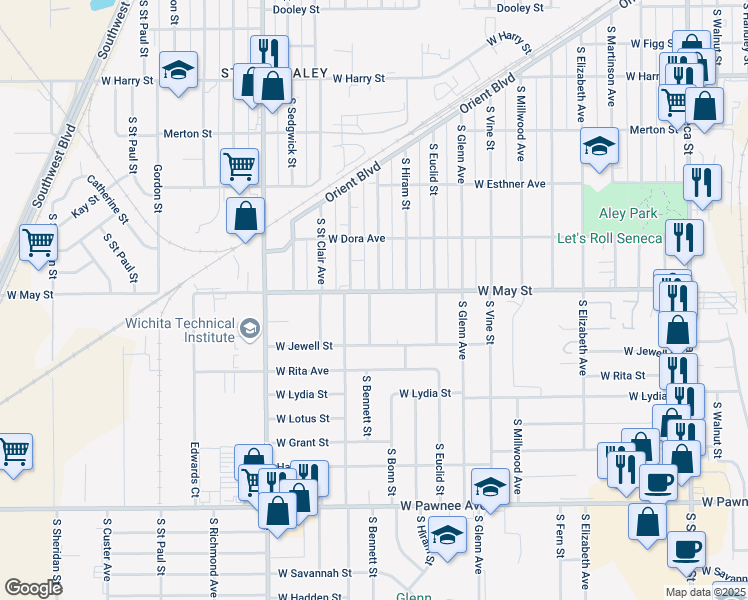 map of restaurants, bars, coffee shops, grocery stores, and more near 2033 West May Street in Wichita