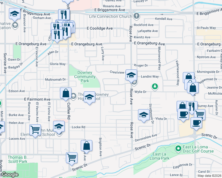 map of restaurants, bars, coffee shops, grocery stores, and more near 1609 Primrose Lane in Modesto