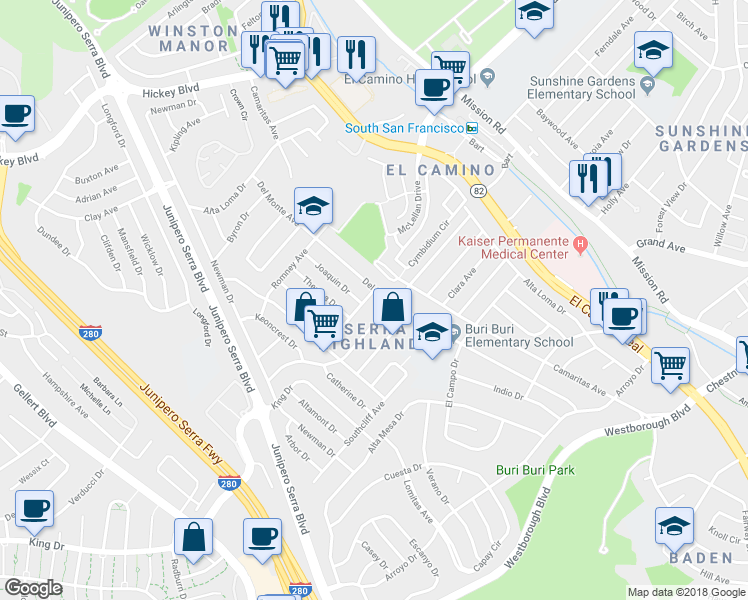 map of restaurants, bars, coffee shops, grocery stores, and more near 121 Lacrosse Avenue in South San Francisco