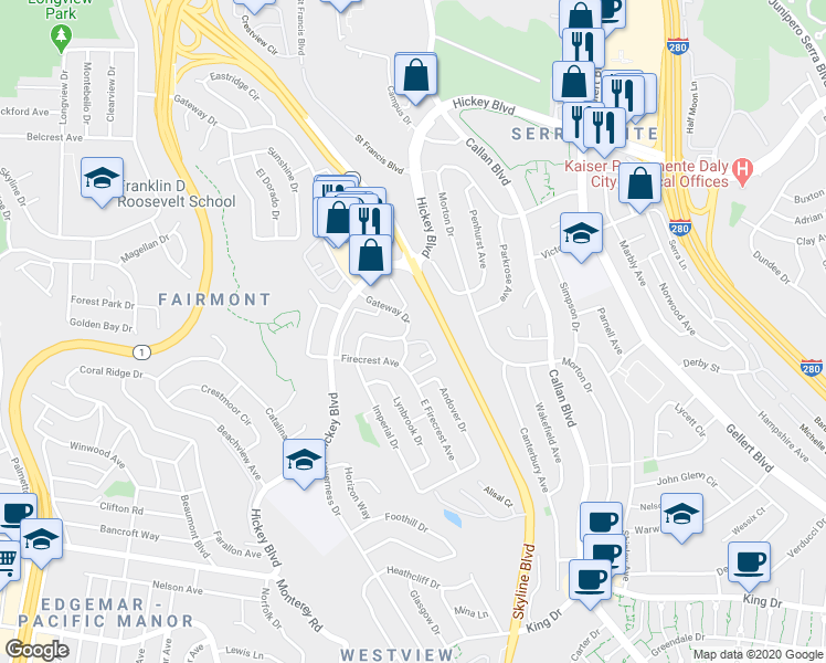 map of restaurants, bars, coffee shops, grocery stores, and more near 417 Gateway Drive in Pacifica