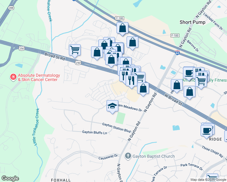 map of restaurants, bars, coffee shops, grocery stores, and more near 3340 Haydenpark Lane in Henrico