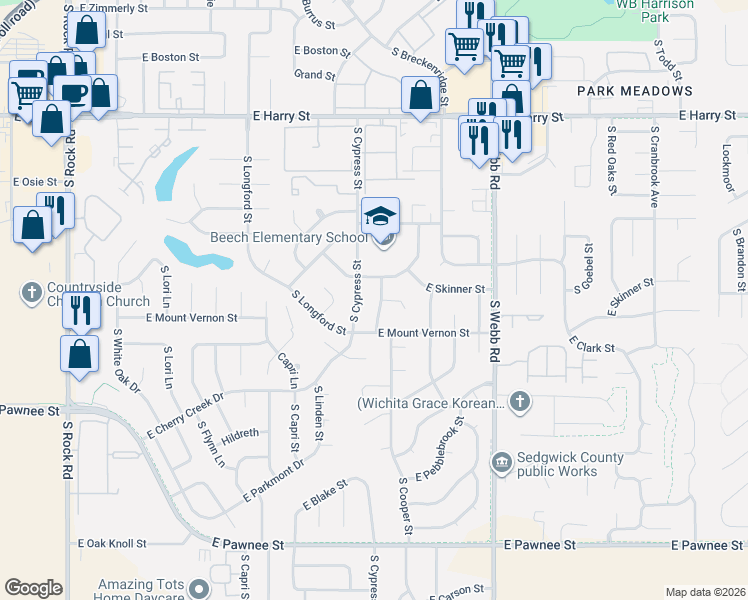 map of restaurants, bars, coffee shops, grocery stores, and more near 9101-9145 East Skinner Street in Wichita