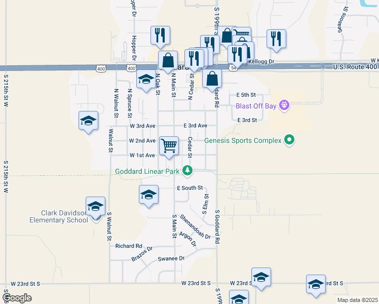 map of restaurants, bars, coffee shops, grocery stores, and more near 200-230 Cedar Street in Goddard