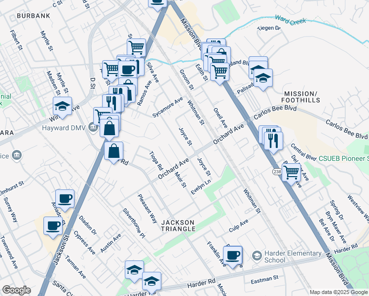 map of restaurants, bars, coffee shops, grocery stores, and more near 24764 Joyce Street in Hayward