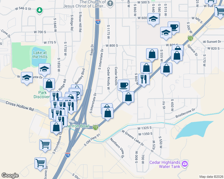 map of restaurants, bars, coffee shops, grocery stores, and more near 1130 South Cedar Knolls Drive in Cedar City
