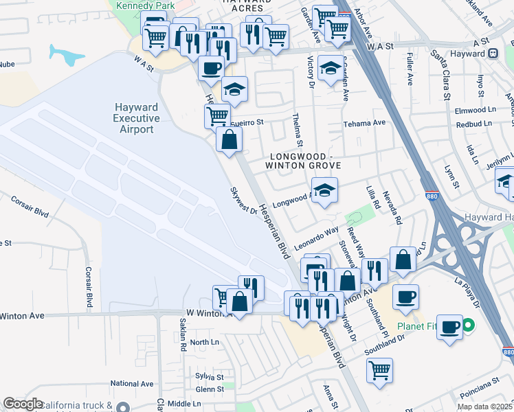map of restaurants, bars, coffee shops, grocery stores, and more near 22454 Hesperian Boulevard in Hayward