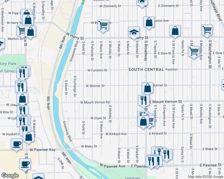 map of restaurants, bars, coffee shops, grocery stores, and more near 187 West Skinner Street in Wichita
