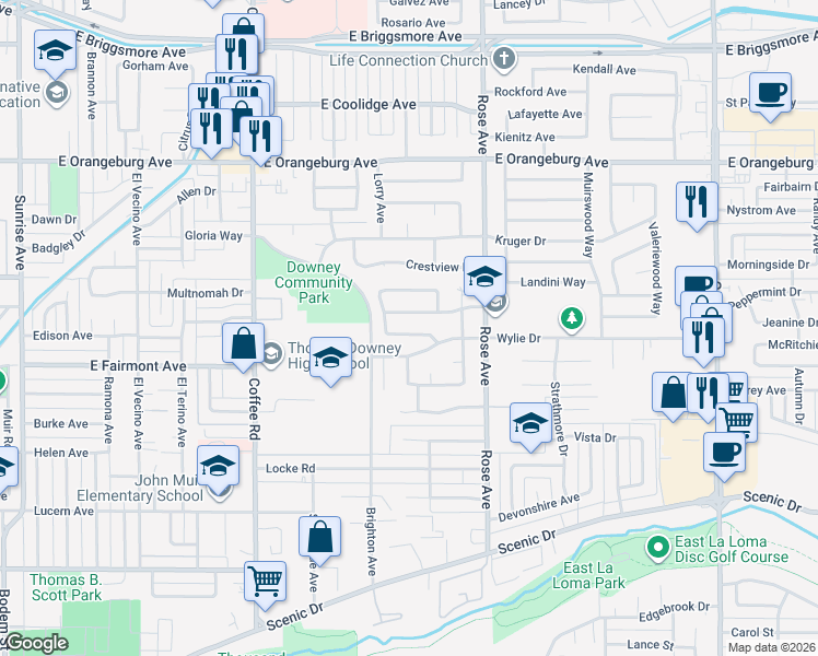 map of restaurants, bars, coffee shops, grocery stores, and more near 1609 Primrose Lane in Modesto