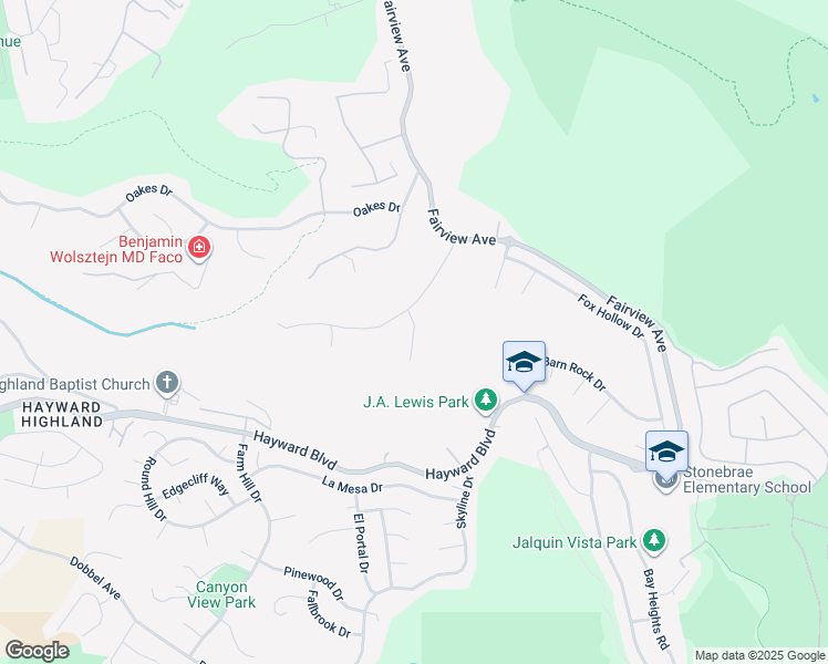 map of restaurants, bars, coffee shops, grocery stores, and more near Quercus Court in Hayward