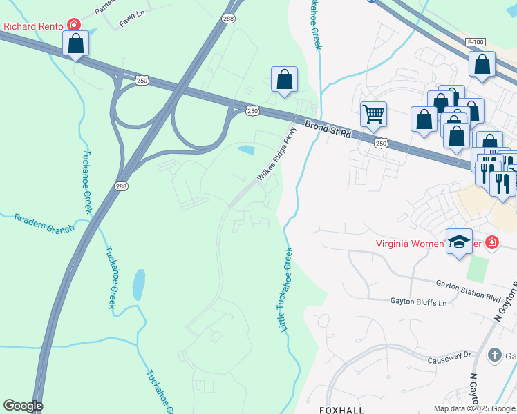 map of restaurants, bars, coffee shops, grocery stores, and more near 11000 Wilkes Ridge Place in Richmond