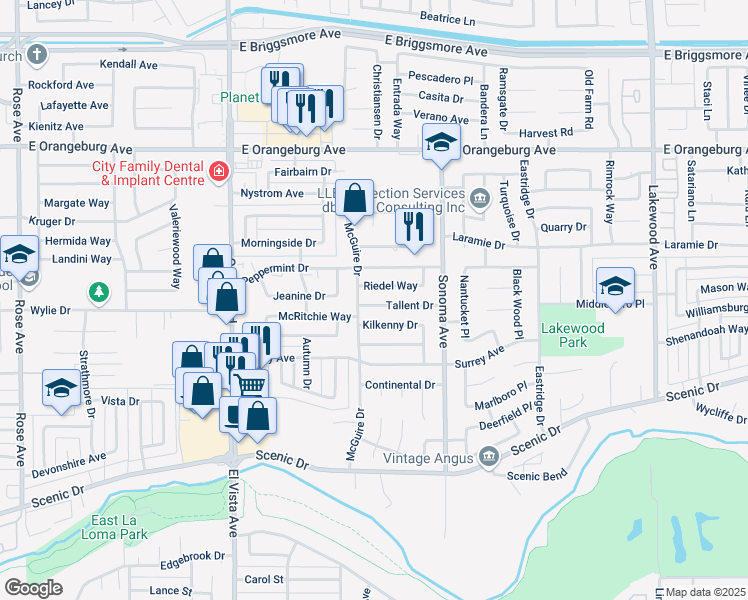 map of restaurants, bars, coffee shops, grocery stores, and more near 2413 Riedel Way in Modesto