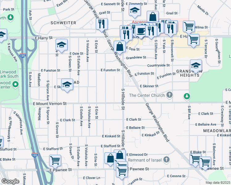 map of restaurants, bars, coffee shops, grocery stores, and more near 1857 Lorraine South Street in Wichita
