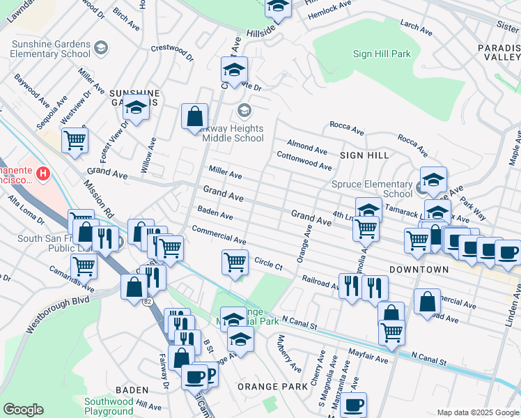 map of restaurants, bars, coffee shops, grocery stores, and more near 763 Grand Avenue in South San Francisco