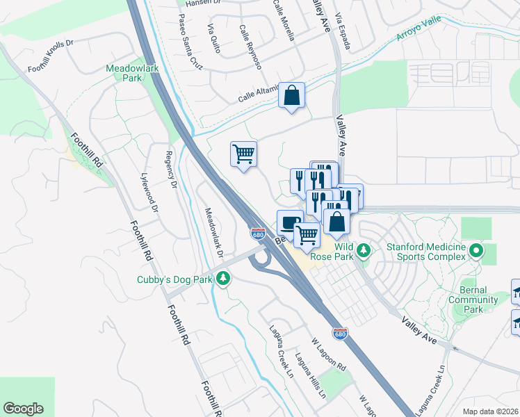 map of restaurants, bars, coffee shops, grocery stores, and more near 6800 Koll Center Parkway in Pleasanton