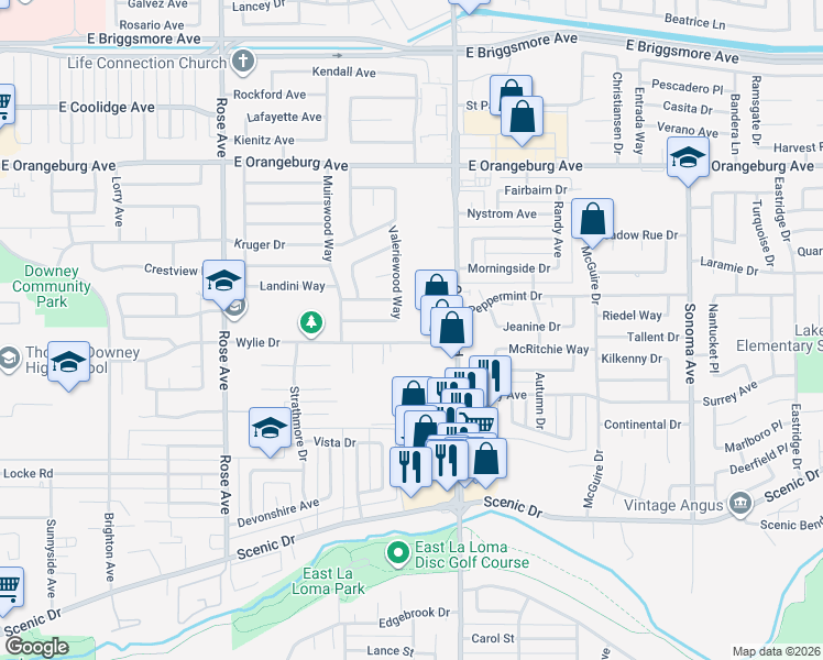 map of restaurants, bars, coffee shops, grocery stores, and more near 2125 Wylie Drive in Modesto
