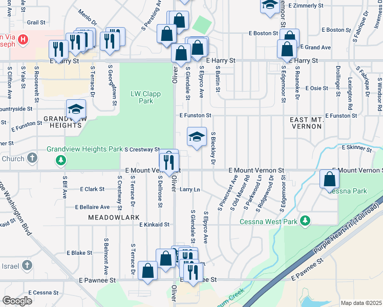 map of restaurants, bars, coffee shops, grocery stores, and more near 1881 Elpyco Street in Wichita