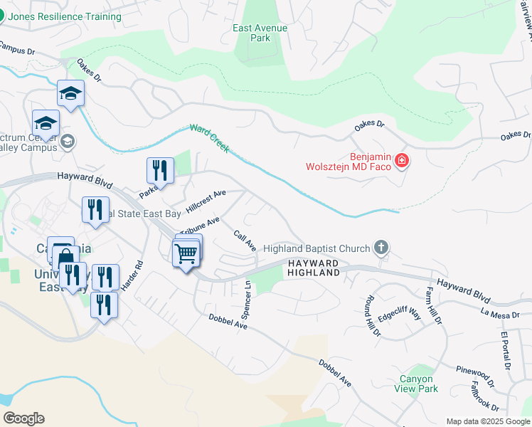 map of restaurants, bars, coffee shops, grocery stores, and more near Morse Court in Hayward