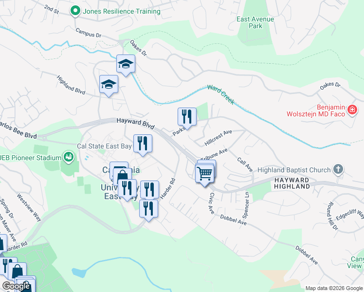 map of restaurants, bars, coffee shops, grocery stores, and more near 2550 Hillcrest Avenue in Hayward