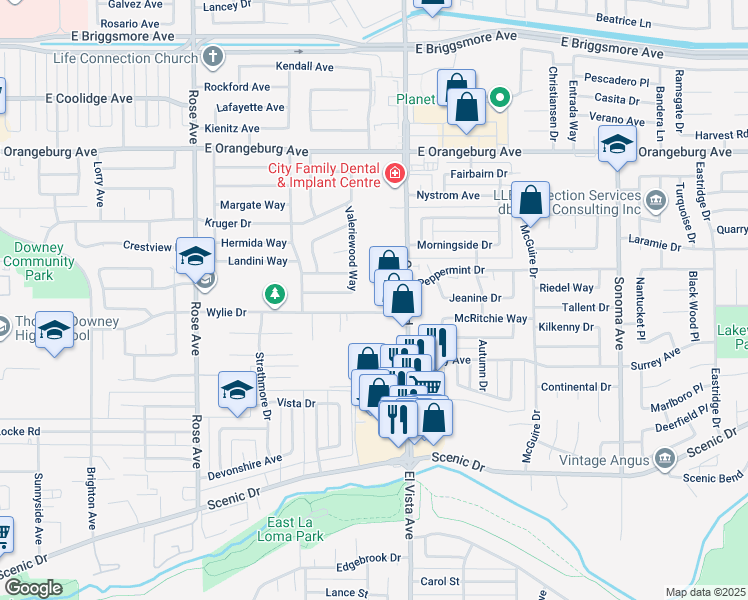 map of restaurants, bars, coffee shops, grocery stores, and more near 1115 Oakdale Road in Modesto