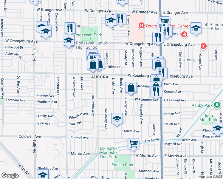 map of restaurants, bars, coffee shops, grocery stores, and more near 1023 Enslen Avenue in Modesto