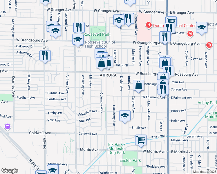 map of restaurants, bars, coffee shops, grocery stores, and more near 1025 Hackberry Avenue in Modesto